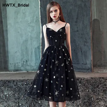 

Romantic Black Short Bridesmaid Dresses Sexy V-neck Knee Length A-Line Tulle Dress Wedding Party Wear New Fashion Party Gowns