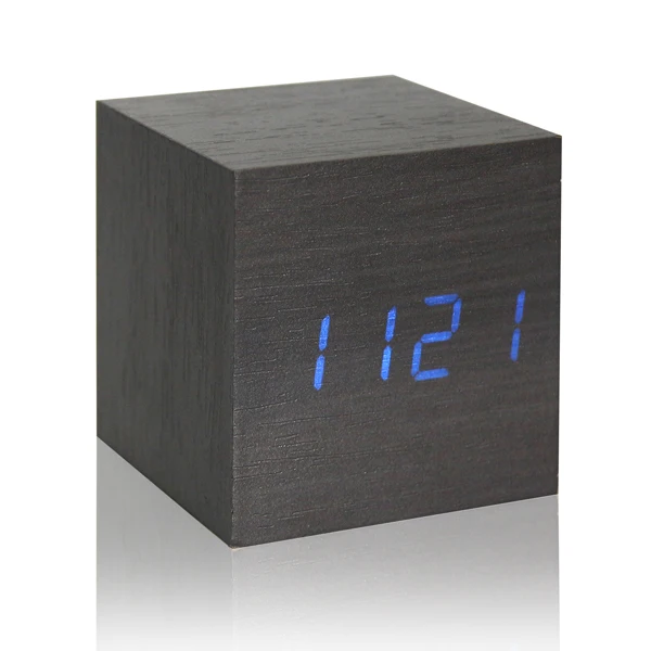 Деревянный светодиодный цифровой будильник с термометром, светодиодный дисплей, календари с датой, электронные настольные цифровые настольные часы для подарка - Цвет: Blue