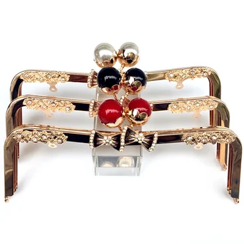 

5Pcs Bowknot Flowers Clear Rhinestones Arcylic Beads Metal Frame Kiss Clasp Lock Clutch Purse Handbag Handle Part 23.5cm