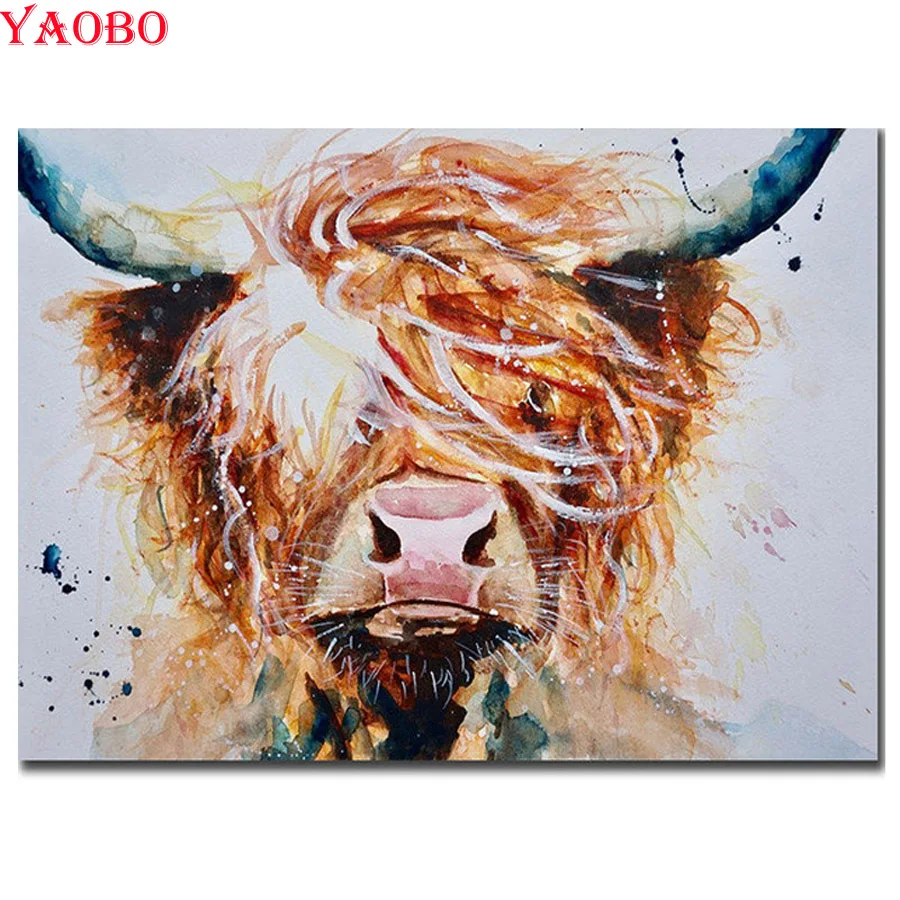 Mosaico de bordado de diamantes de vacas de las tierras altas, 5D,diy pintura de diamante animal, punto de cruz 3d, animal, imagen de diamante, decoración del hogar Yao bo