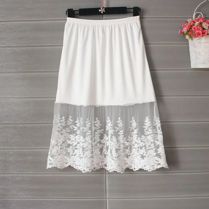 

Summer Women Sexy Lace Skirts Ladies Floral Embroidery High Waist Elastic Knee Length Black White Mesh trumpet Elegant Skirt