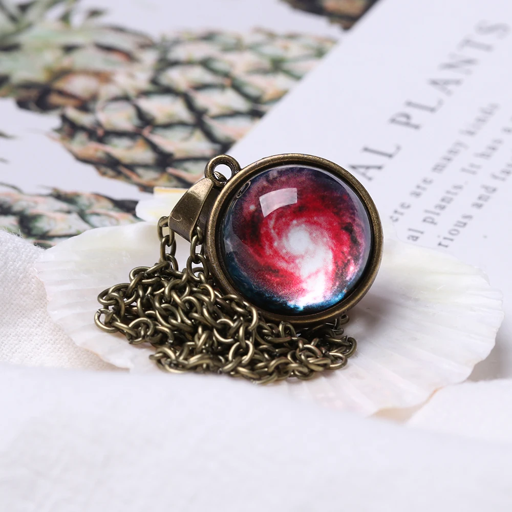 

Handmade Glass Ball Necklace Solar System Galaxy Pendant Moon Space Universe Double Sided Planet Pendant Necklace