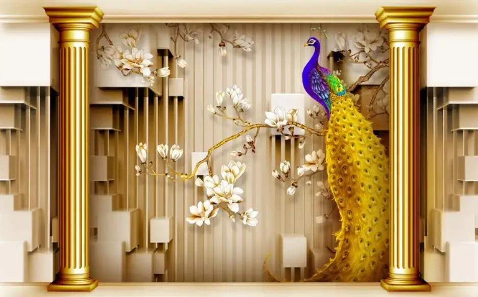 

Palace-style gold peacock 3D background wall wallpaper for walls 3 d for living room