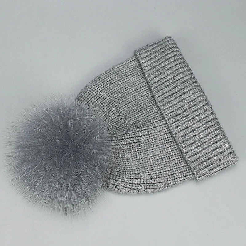 Winter Beanies Fox Pompom Fur Wool Knitted Hat The Female Of The Mink Caps Beanie Hats For Women Girl 'S Hats Scarves Cap Scarf - Цвет: Hat Gray