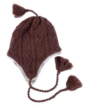 Цельная женская зимняя вязаная шляпа, шапка, защита для ушей - Цвет: Коричневый