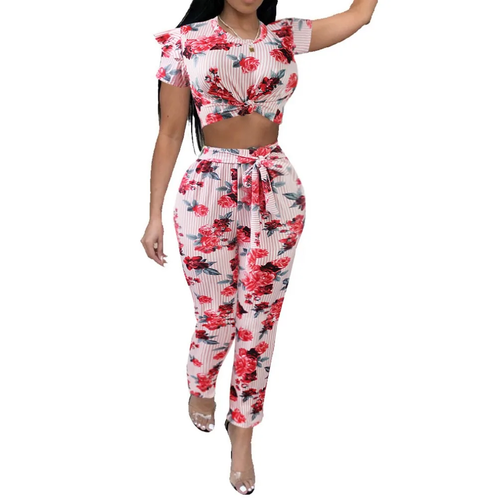

2018 Summer Two Piece Set For Women Elegant Sexy Short Ruffles Sleeve Top+Long Pants Striped Printing Clubwear 2 Piece Set 3XL