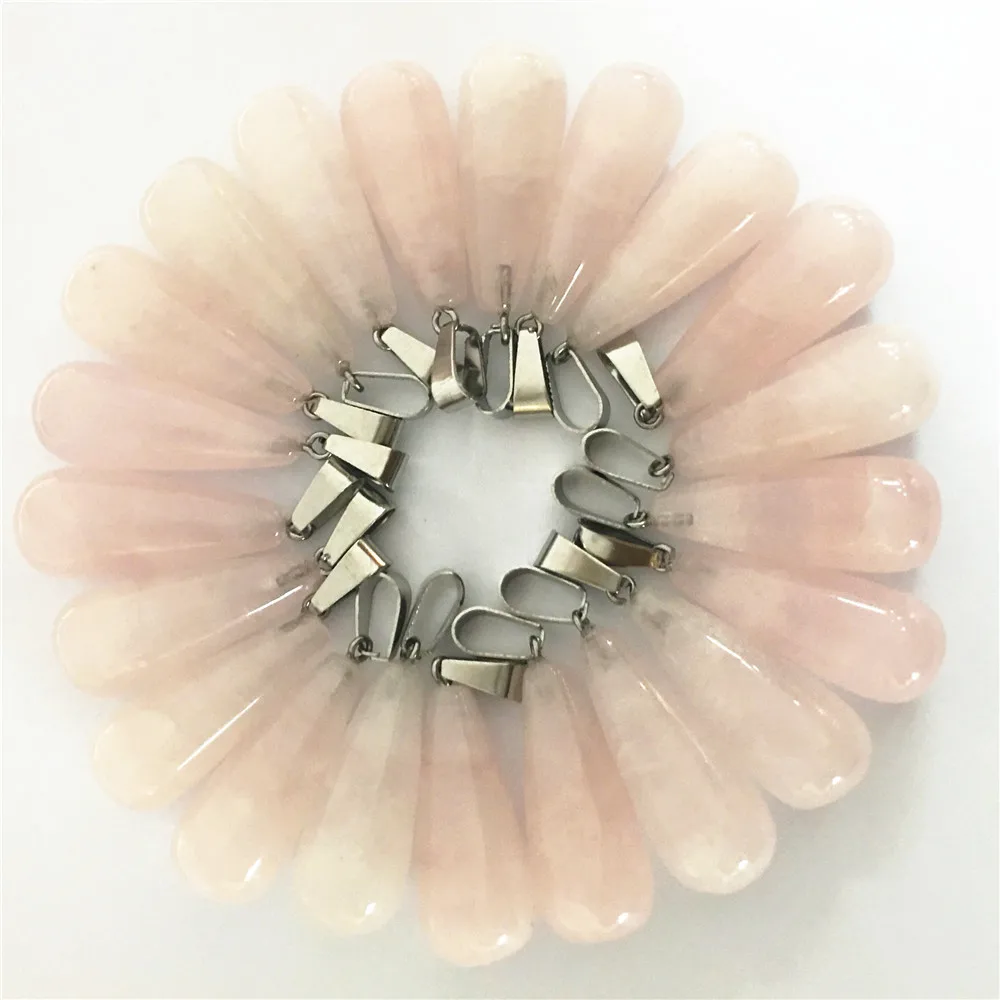 

NEW!Fashion Natural Roses Quartz Pink Crystal Water Drop Stone Pendants For Women Jewelry Making 24x10mm 50pcs/lot