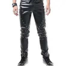 Этап личности мужчины заклепки кожа Штаны PU штаны-шаровары мужчин ноги брюки певица Танцы рок Модные уличный стиль новинка черный