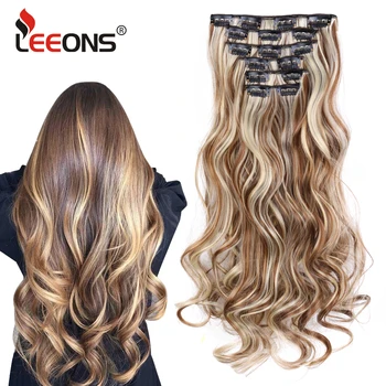 Leeons 22 Inch High Temperature Fiber Curly Synthetic 16 Clips In Hair Extensions For Women Hairpieces Ombre Brown Hair pieces 2