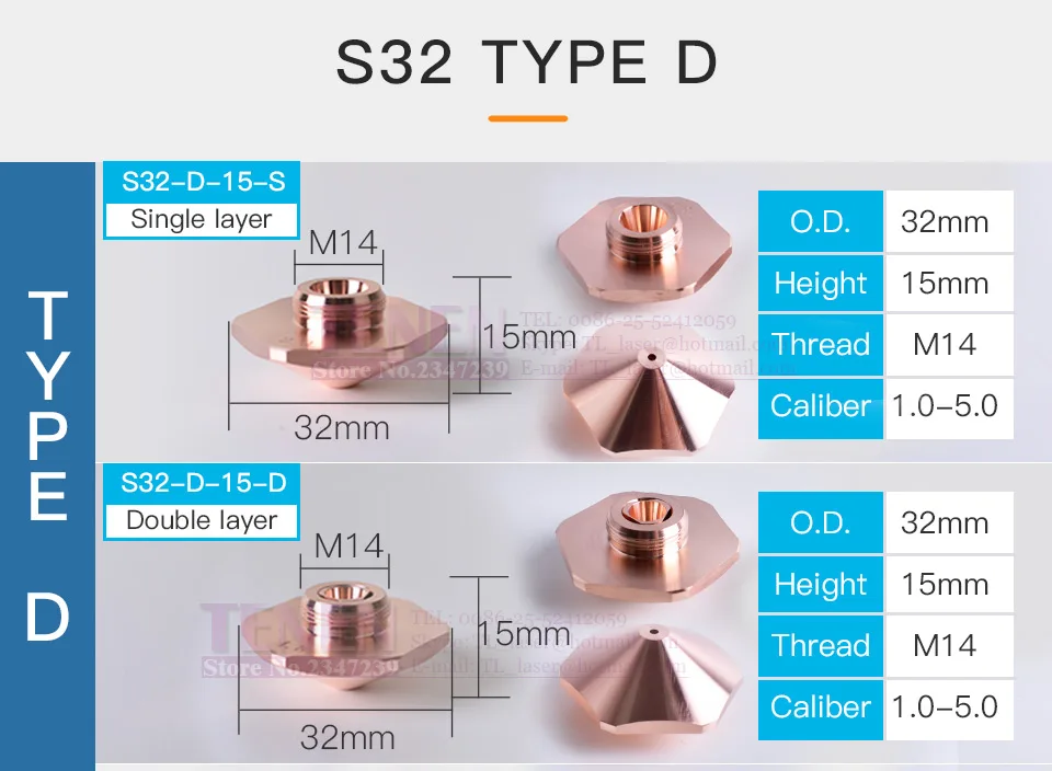 Диа. 32 мм H15 M14 Калибр 1,0-4,0 мм однослойные/двухслойные лазерные шестиугольные медные наконечники для Bodor волокна CNC станок для лазерной резки