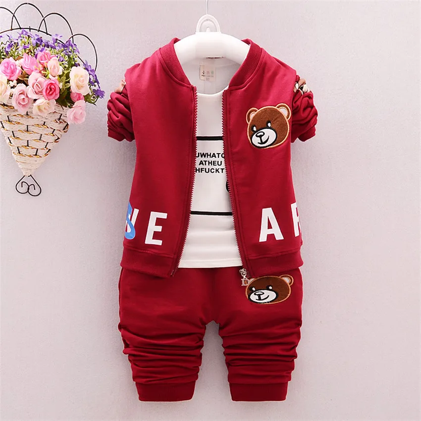 

2017 new desgins wine red litter bear Cloth Set To keep warm Cotton T shirt coat and trousers 3Pcs Cotton Outfits 1-4 years old
