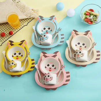 

5Pc/set Bamboo Fiber Tableware Set Quality Creative Cartoon Baby Dishes Healthy Children Breakfast Food Sub-grid Plate Container