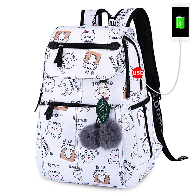Женский рюкзак, модные USB школьные сумки для девочек, женские школьные рюкзаки, Большой Вместительный рюкзак, детский школьный рюкзак, водонепроницаемая школьная сумка - Цвет: White Cat