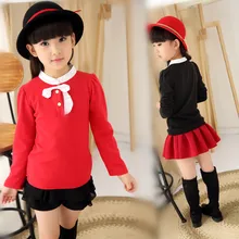 Children’s Wear Bow Girls Winter All-match Children Long Sleeved Shirt Blouse T-Shirt New South Korea Red Black