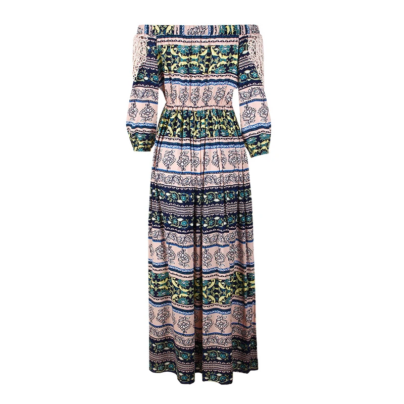 MISSJOY Women Beach Long Dress Boho Style 3/4 Sleeve Print Off shoulder Print sexy party outfits Holiday dresses Maxi Long