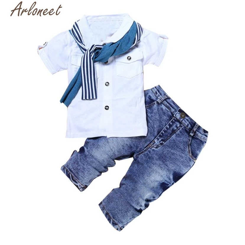 ARLONEET комплект одежды для маленьких мальчиков, 1 комплект, Детская футболка с короткими рукавами для маленьких мальчиков топы+ шарф+ брюки, комплекты одежды, E30 Jan12