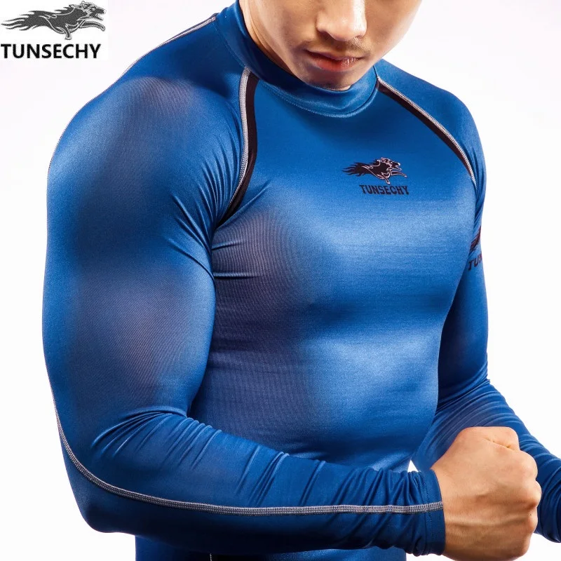 TUNSECHY оригинальная компрессия мышц для мужчин плотная футболка с длинными рукавами двухсторонняя печать Фитнес Базовый слой Тяжелая атлетика одежда