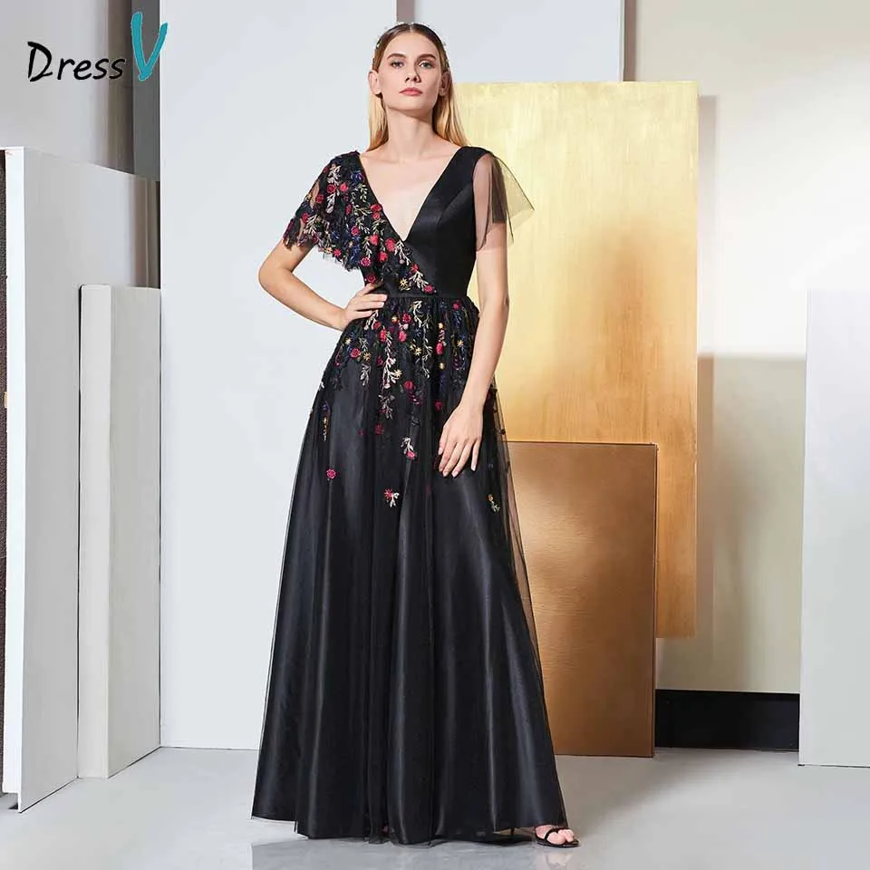 

Dressv black evening dress v neck short sleeves a line appliques floor-length wedding party formal dress evening dresses