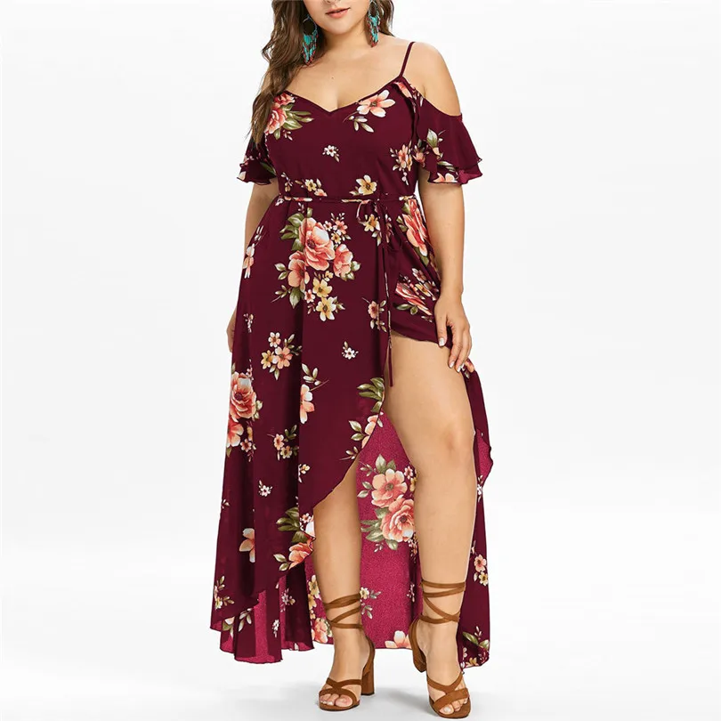   Plus Size Women Summer  Fashion  Casual Short Sleeve Cold Shoulder Boho Party Beach Flower Print Long Dress#4M11 (20)