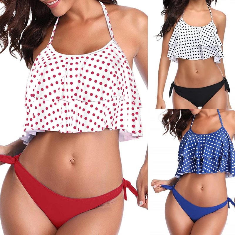 

Swimsuit Two Pieces Halter Ruffle Bikini Set 2019 Mujer Swimwear Women Dot Push Up Tops Bathing Suit Women's Swimming Suit Thong