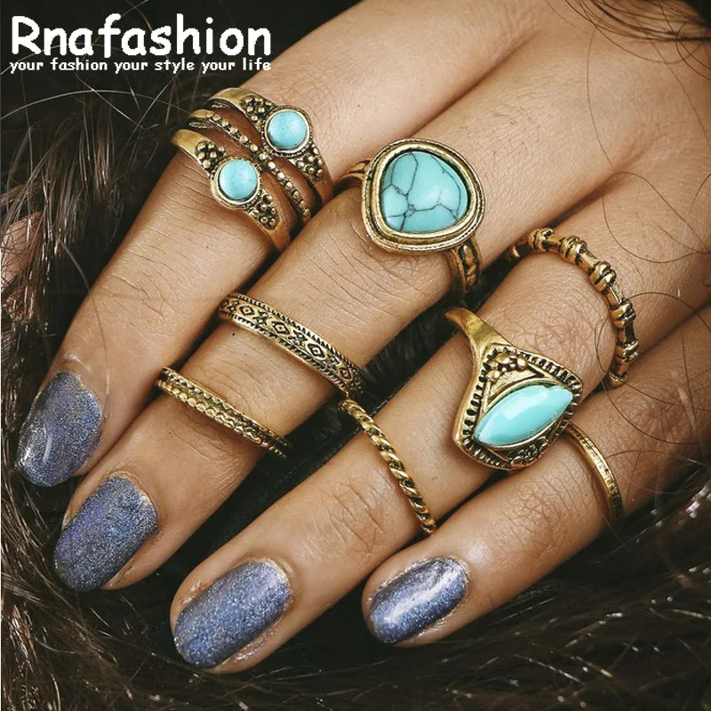 RNAFASHION геометрический рисунок из камня и Овальный комплекты колец на фалангу Бохо