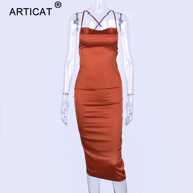 Articat сексуальное летнее платье на бретельках с открытой спиной, сатиновое облегающее платье миди на шнуровке, обтягивающее элегантное пляжное вечернее платье Vestidos