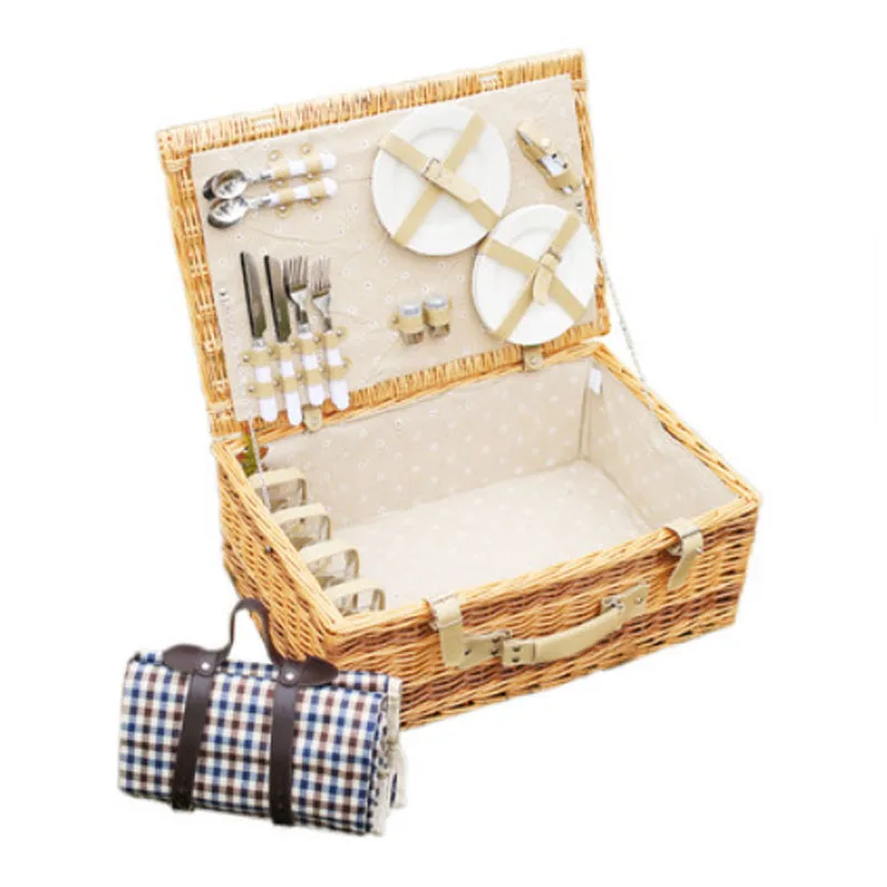 Antique Large Wicker Picnic Basket with Table Mat for 4 People Home Storage Baskets Vintage wicker Picnic Basket Set for Family