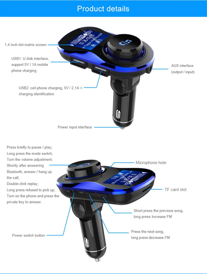 Fivetech Multifunctional Bluetooth Handsfree Car Charger 2USB Digital Display MP3 Player  GPS FM Transmitter for mobile phone  (13)