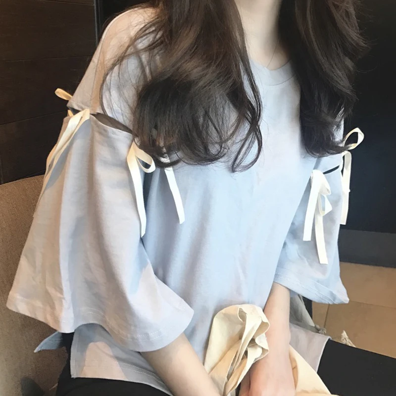 

2018 New Spring free shipping women's clothing light blue white loose shirts casual girls fashion shirt cute temperament vogue