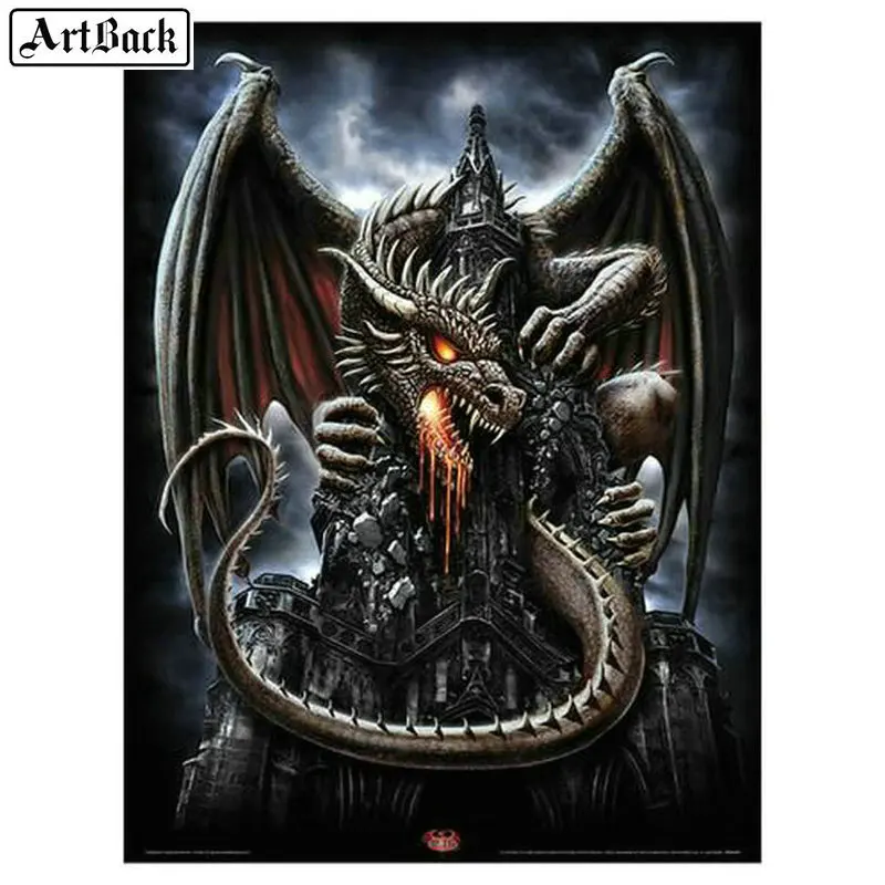 

5D Diamond Painting Dragon Castle Full Square / Round Drill Diamond Mosaic 3D Diamond Embroidery Home Decor Purple Pterosaur