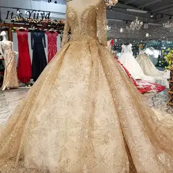 Это Yiiya Новый v-образным вырезом с длинным рукавом поезд невесты платье Роскошные золотые шлейфом Свадебное платье Vestidos De Novia Casamento LS65545