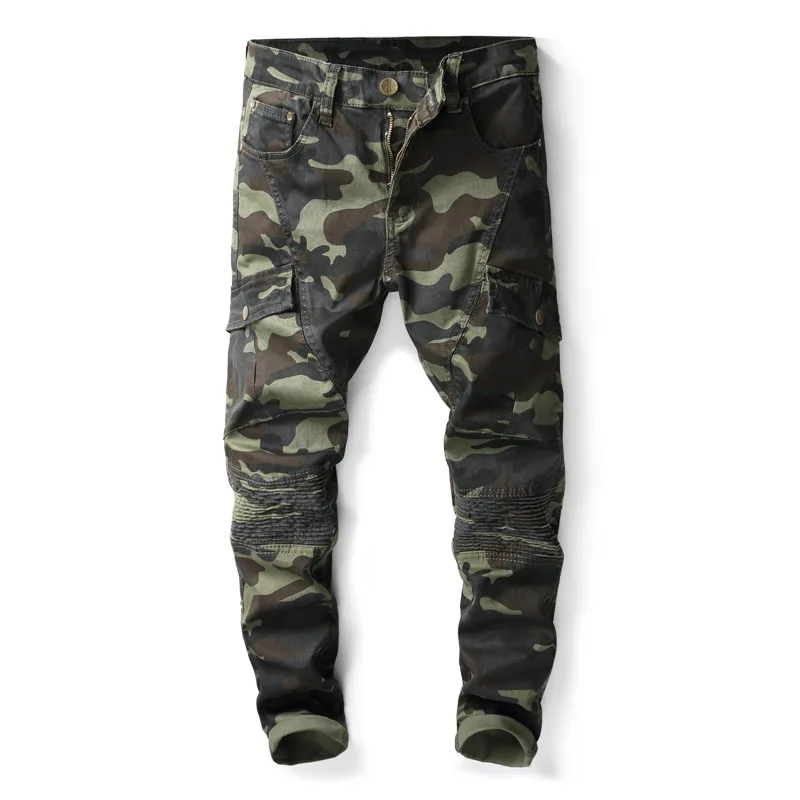 

High Quality Men's Camouflage Military Biker Jeans Army Green Multi Pocket Skinny Stretch Cotton Denim cool jeans 8013#