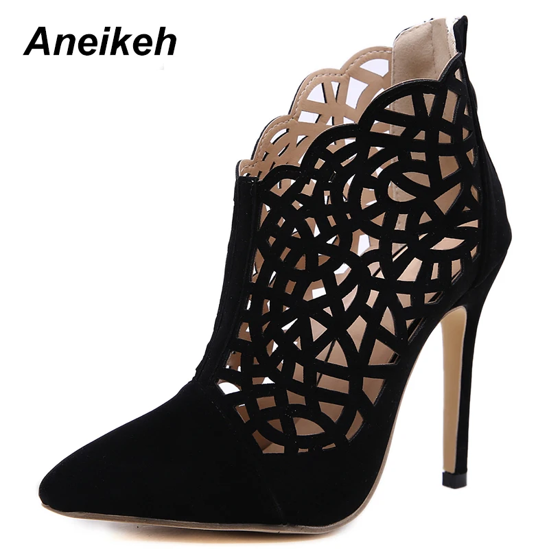 

Aneikeh 2019 Flock Fashion Spring Gladiator Boots Women Solid Hollow Out Thin High Heels Boots Shallow Black Party Daily 35-40