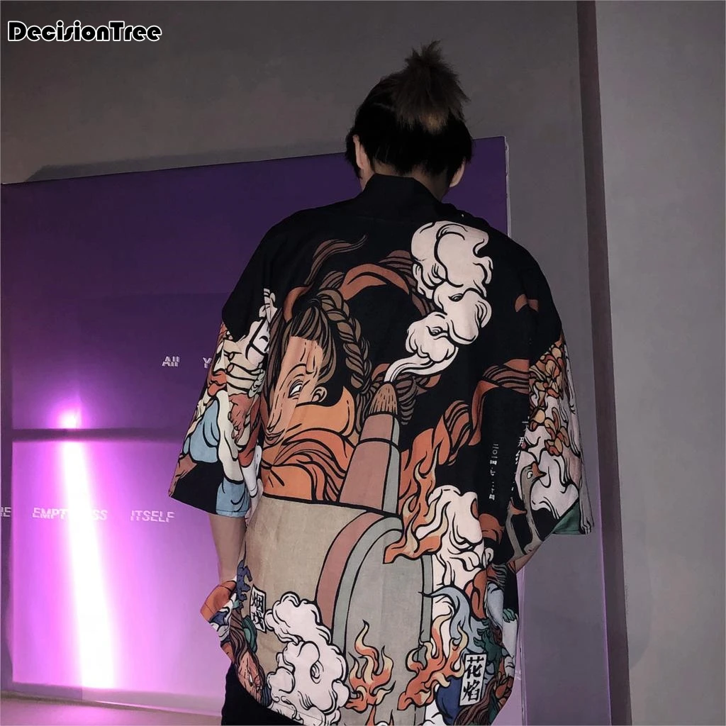 2019 summer japanese style Ghosts Print Harajuku Style Blouse men jackets open stitch kimono hip hop streetwear male outwear