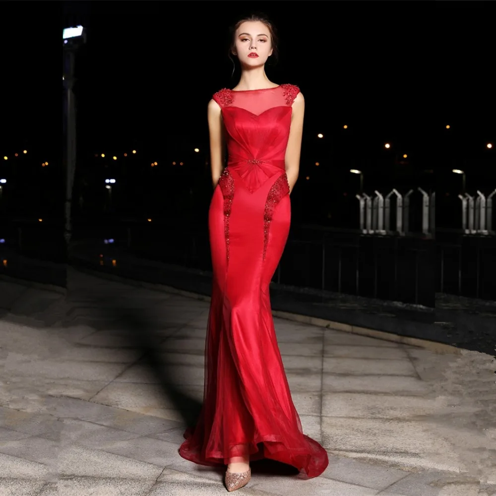 

JaneVini Mermaid Red Dubai Prom Dress Scoop Neck Appliques Beaded Tulle Long Bridesmaid Dresses Robe Demoiselle D'honneur Rouge