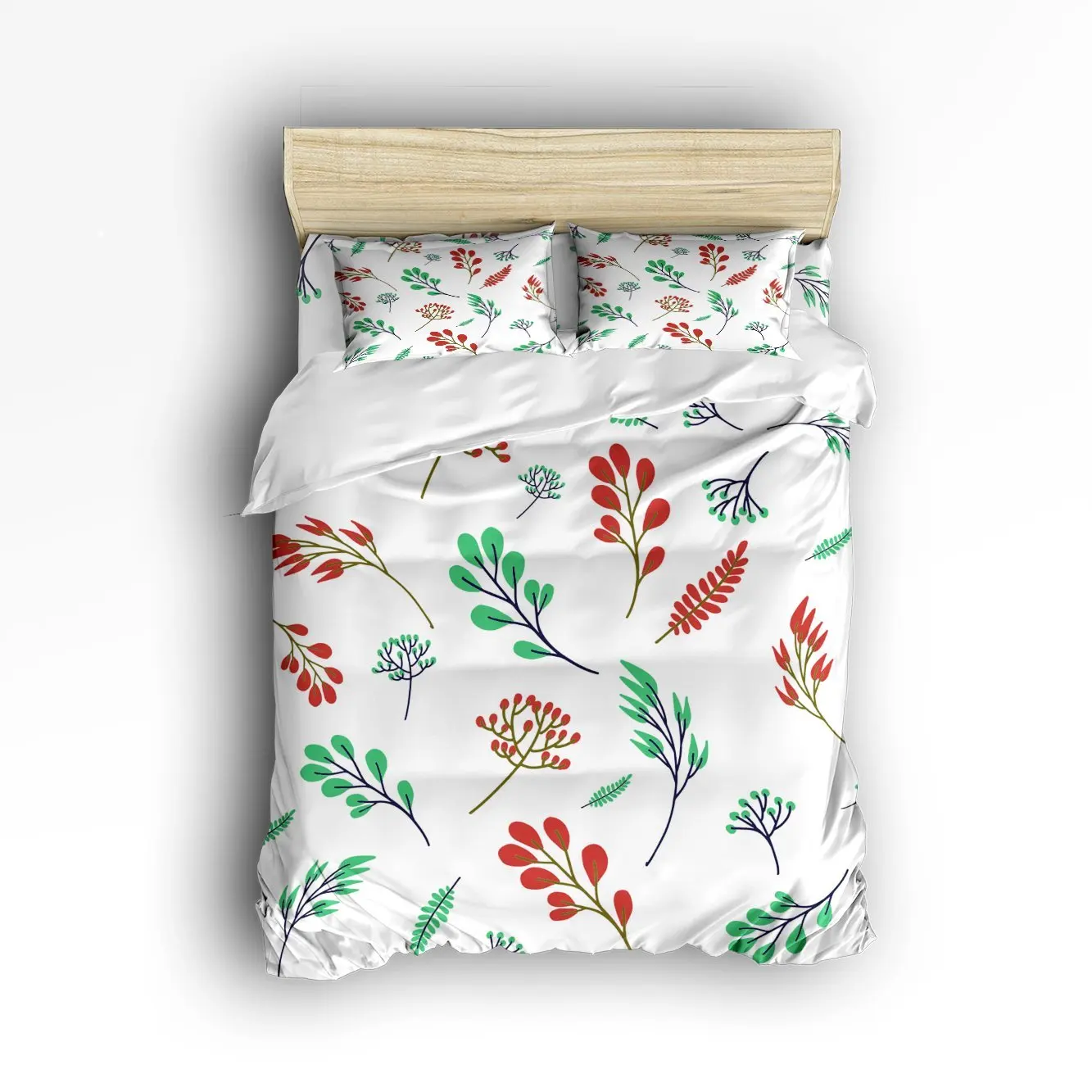 4 Piece Bed Sheets Set, Fresh Red Blue Leaves Print, 1 Flat Sheet 1