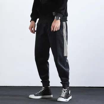 

Japanese Style Fashion Joggers Pants Men Black Loose Fit Corduroy Harem Pants Streetwear White Stripe Hip Hop Cargo Pants Hombre