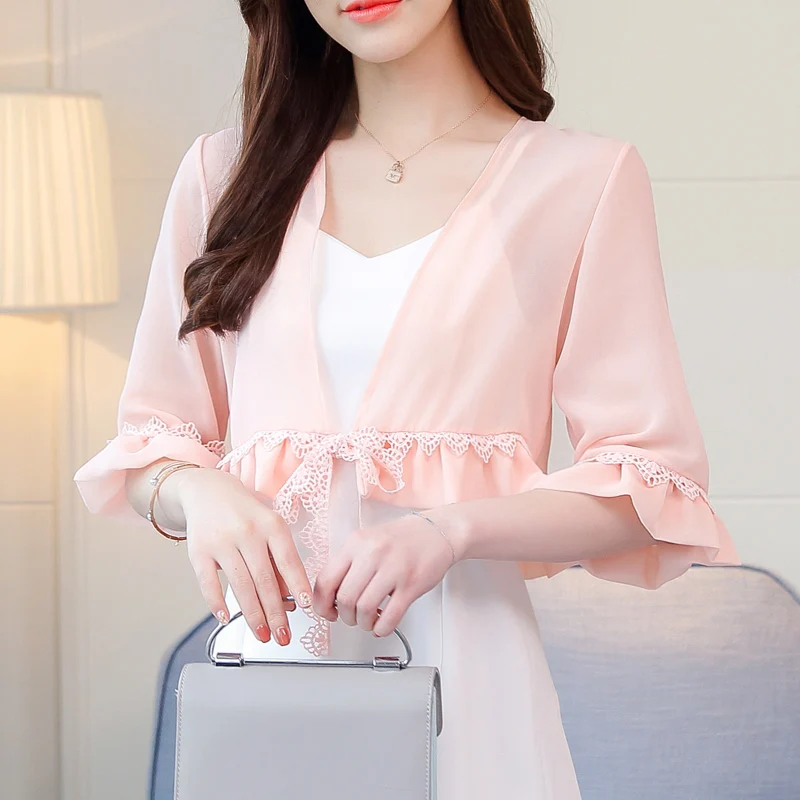 

MLXSLKY Summer new chiffon shawl sun protection clothing female short lace cardigan thin coat womens thin cardigan
