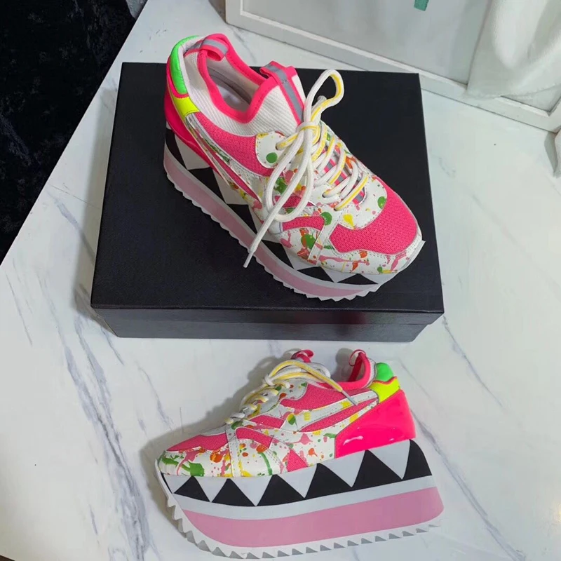 Prova perfetto Популярные кроссовки на платформе с блестящими блестками женские разноцветные кроссовки на шнуровке с цветной толстой подошвой женские кроссовки обувь