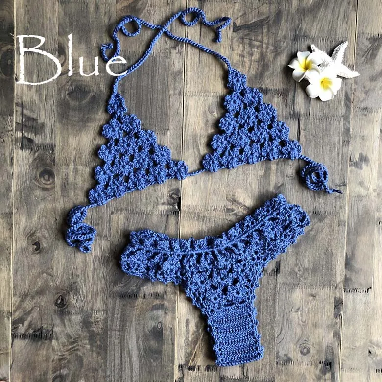Летний женский цветочный сексуальный комплект бикини, пляжный раздельный купальник, вязанный крючком бюстгальтер с открытой спиной, трусики - Цвет: blue