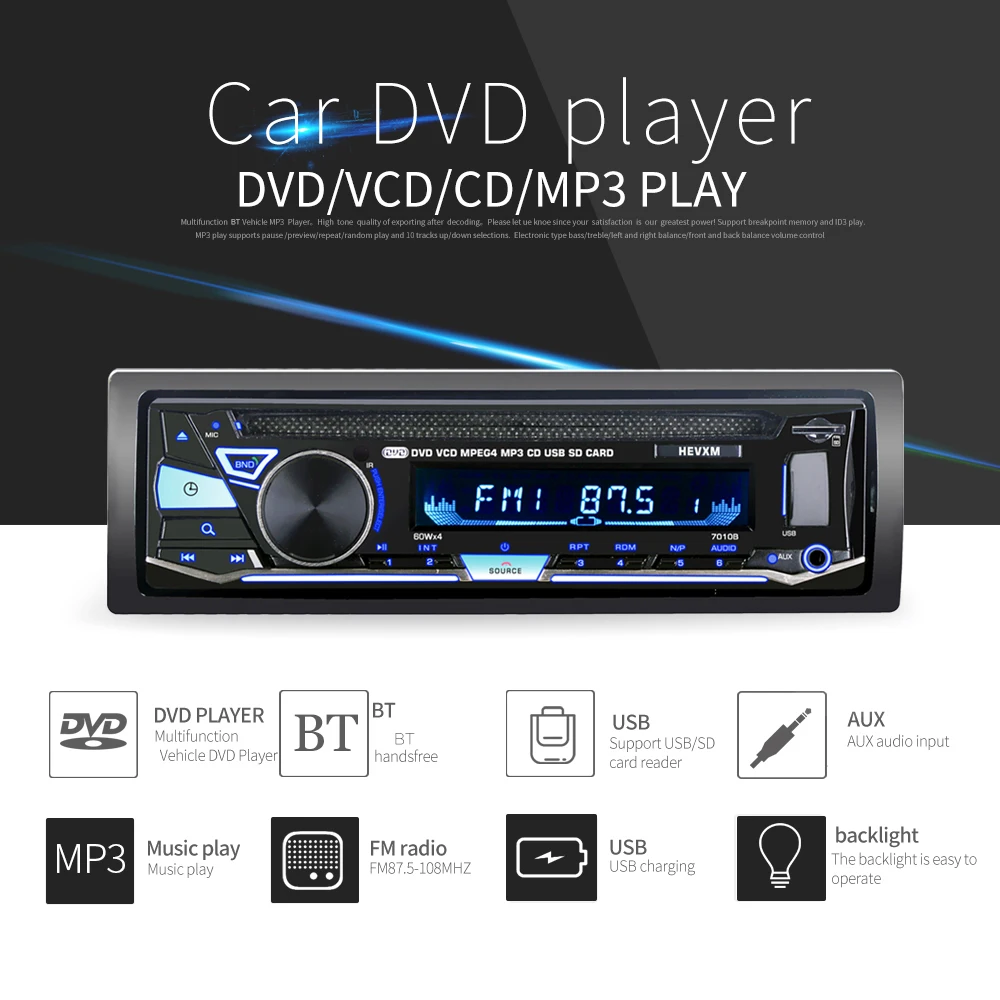

Single Din 12V Car DVD CD Player with BT 7010B Vehicle MP3 Stereo Handfree Autoradio Audio Radio Wireless Remote Control