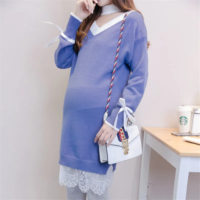 

Pregnant Women Long Pullover Winter Knitted Sweater V-neck Contrast Color Casual Maternity Clothings Full Sleeve Knee-Length