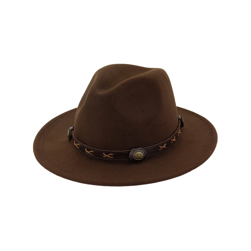 coffee Шерстяная фетровая шляпа Панама Trilby Jazz Fedoras Шляпы с коричневым поясом с плоскими полями для торжественных вечеринок топ шляпа для женщин мужчин унисекс GH-450 - Цвет: coffee