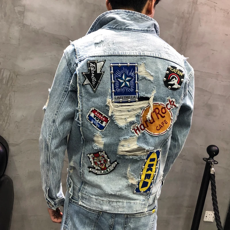 YASUGUOJI New 2019 Hip Pop Fashion Embroidered Patch Jean Jacket Men Denim Jackets Streetwear Hole Slim Fit Jeans Jacket for Men