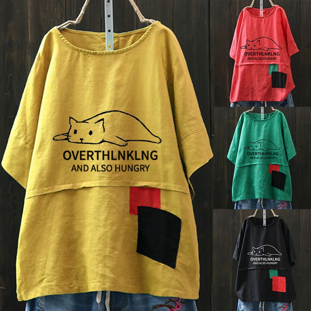

Women Cartoon Cat Print Patchwork Mixed Colors Short Sleeve Casual Cute T-Shirt Top Summer Loose Large size shirts M-5XL