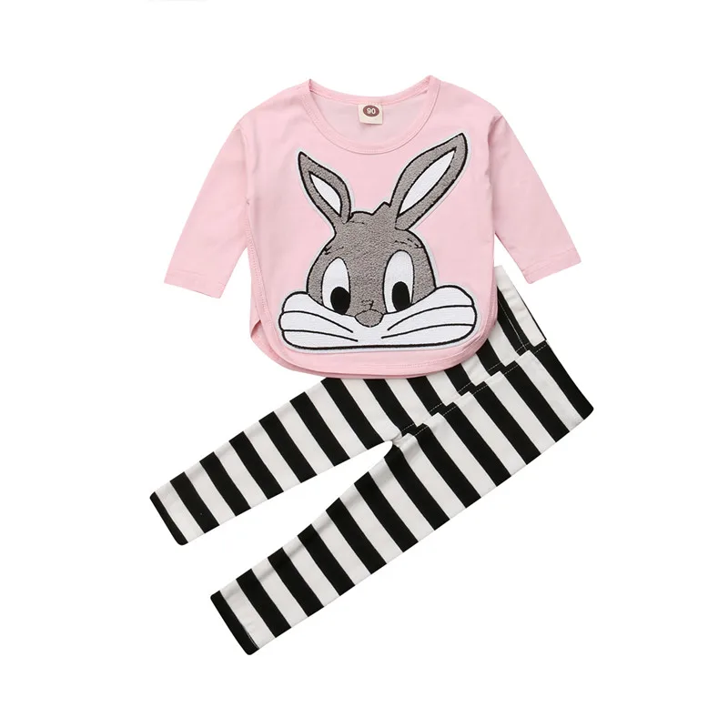 

Cute Rabbit Causal Stripe Long Sleeve Round Neck Two PCS Baby Girls Outfits T shirt Pants Set Toddler Autumn Clothes Tracksuit