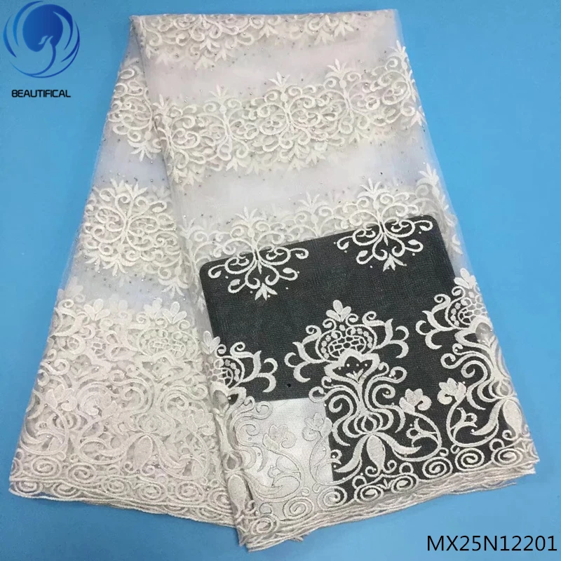 

BEAUTIFICAL 2018 white lace fabric white bridal lace fabric nigeria quality lace fabric 5 yards/lot cheap for wedding MX25N122
