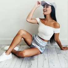 Летние сексуальные высокие эластичная горловина футболка Для женщин Smocked Tube футболка одноцветное Для женщин укороченные футболка хлопок Повседневное Топы Черный