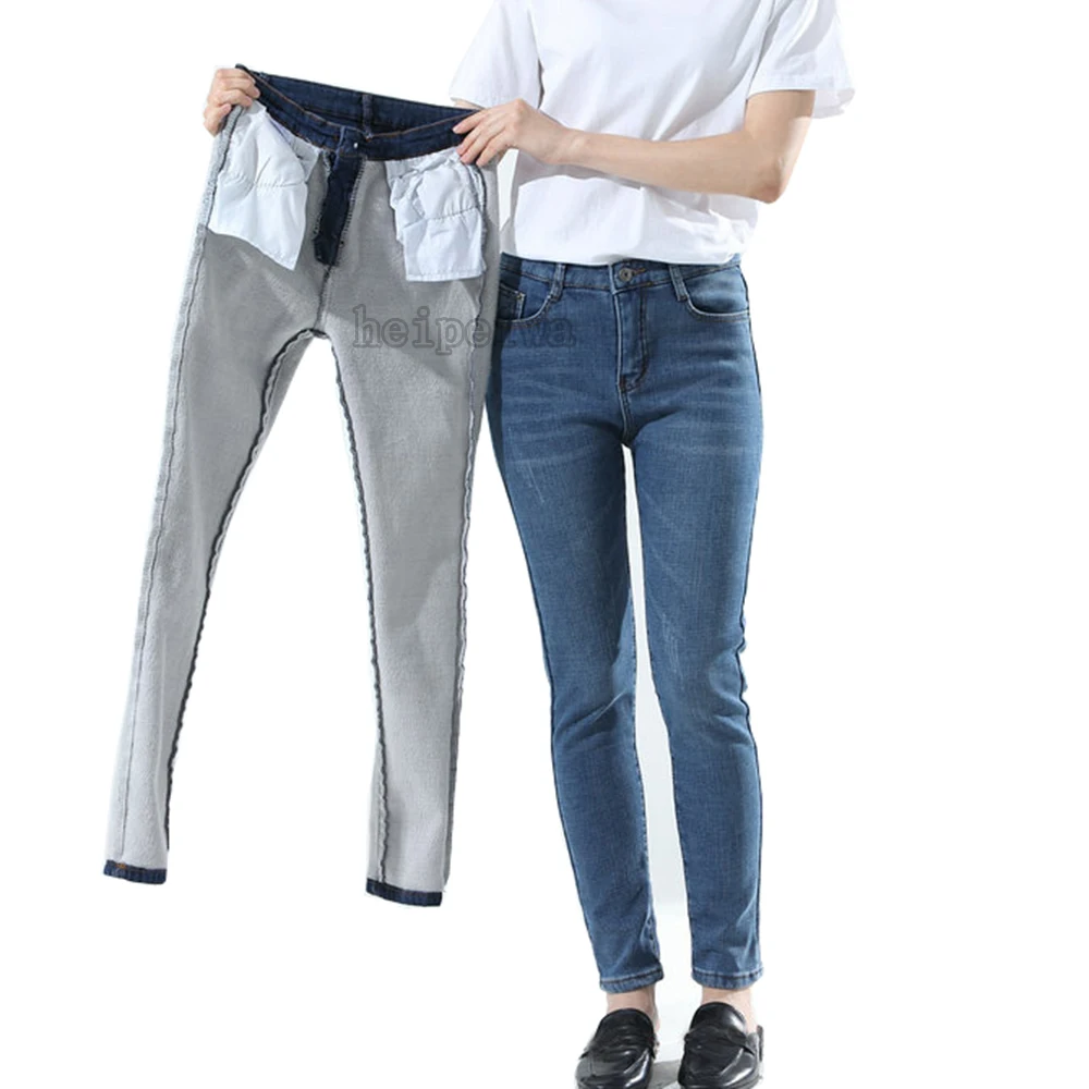 

Women Winter Skinny Jeans High Waist Slim Fit 2019 Fashion Thicken Warm Zip Comfy full Length Casual Blue Pants