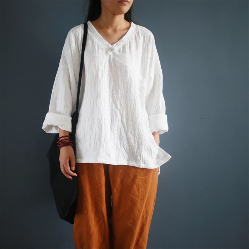 

Johnature Women T-Shirts Cotton Linen V-neck Button 2019 Autumn New Vintage Long Sleeve Loose 3 Colour Original T-Shirts
